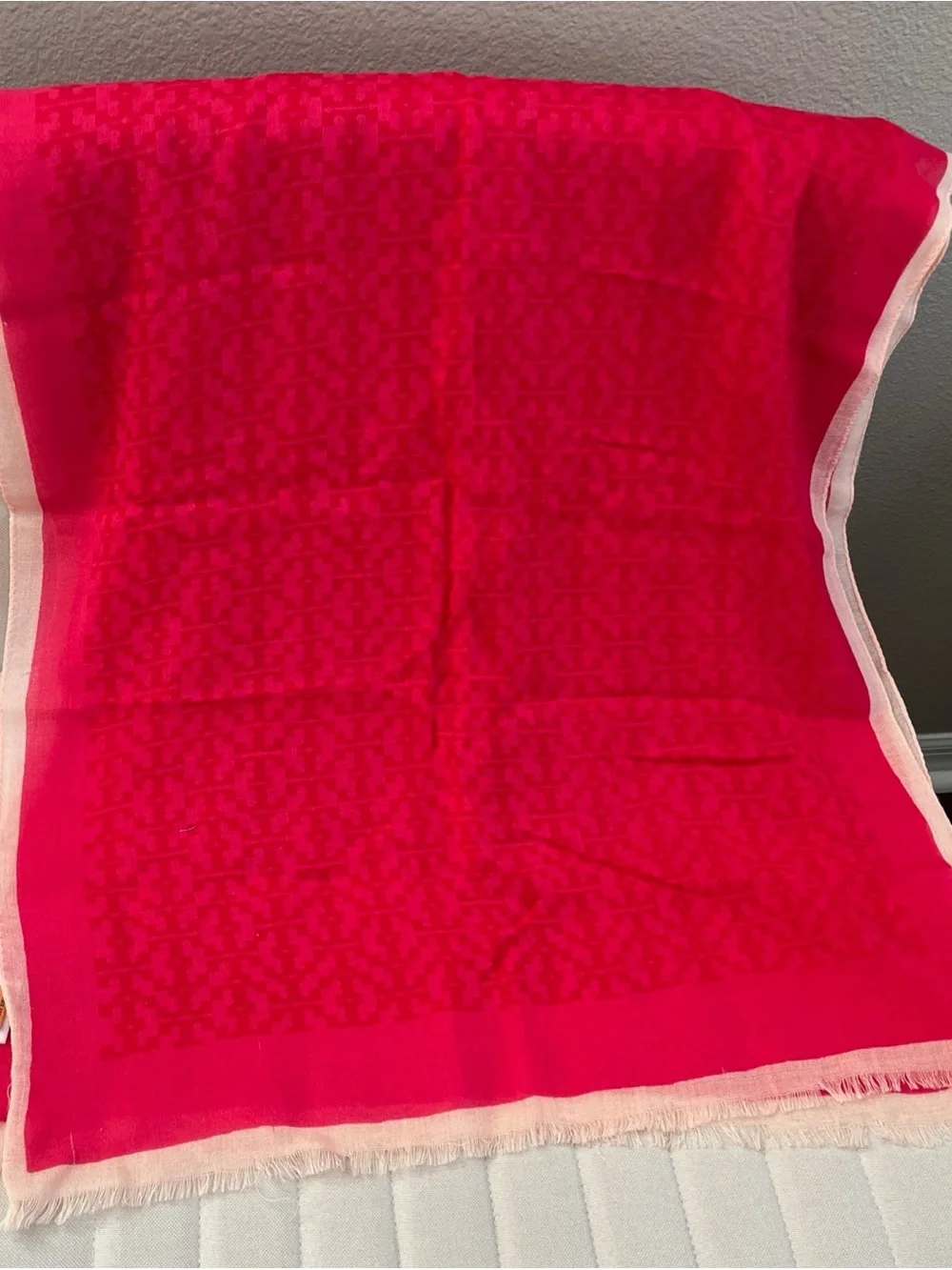 Tory Burch Bright Pink Logo Jacquard Fringe Scarf with Light Pink Trim